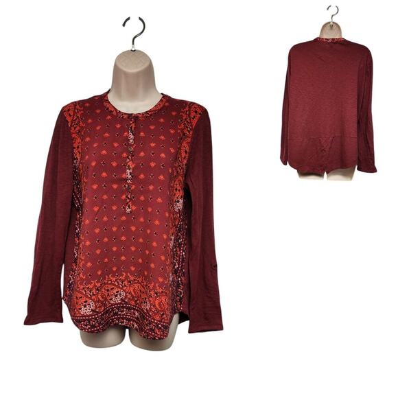 Lucky Brand Round Neck Roll-Tab Sleeve Tunic Paisley Print Floral Blouse Red Lg - Picture 2 of 8